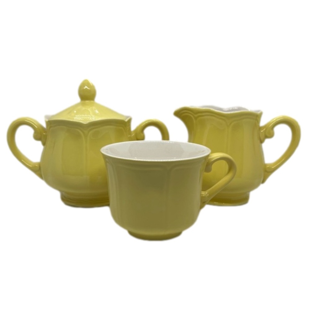Vintage Federalist Ironstone Buttercup Sugar Bowl with Lid Creamer & Coffee Cup